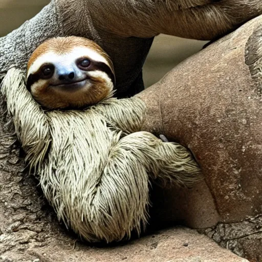 Image similar to a sloth hugging his turtle friend