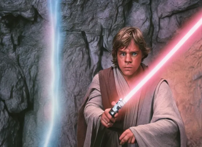 Prompt: detailed photo of Luke skywalker uncovering the secrets of the ancient jedi texts. a glowing book with infinite knowledge, the oracle speaks, a dark pink hazy ethereal cave from Indiana jones, adventure film, screenshot from the 1983 film, Photographed with Leica Summilux-M 24 mm lens, ISO 100, f/8, Portra 400