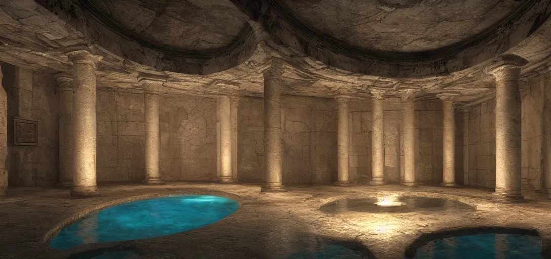 Prompt: dramatic view of underground roman cistern, glowing pool of water, ancient marble statues, unreal engine, dramatic lighting, detailed, ambient occlusion, global illumination, god rays, 3 d artstation render by greg rutowski and jessica rossier