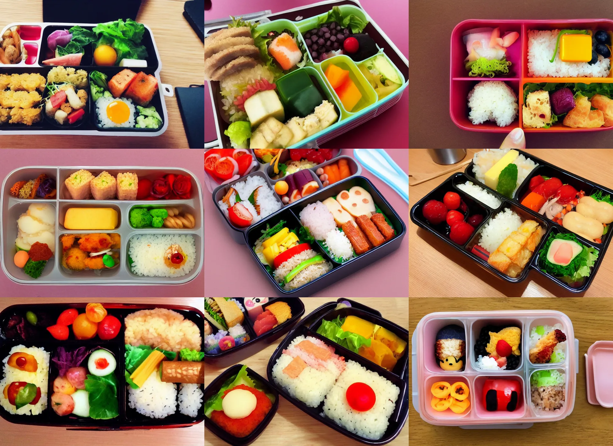 Prompt: your ESL waifu made you a bento, first person, shot with iphone, sharp focus, at home