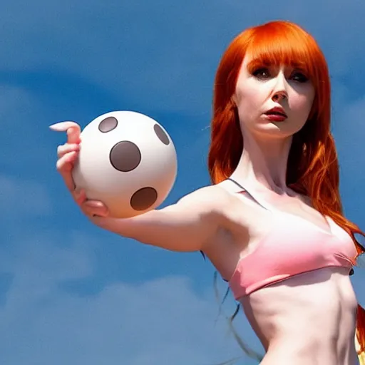 Image similar to Karen Gillan as Misty from Pokémon, Indigo League, outstretched arm holding a Poké Ball, close-up shot, photo realism, cinematic, realistic, 8K