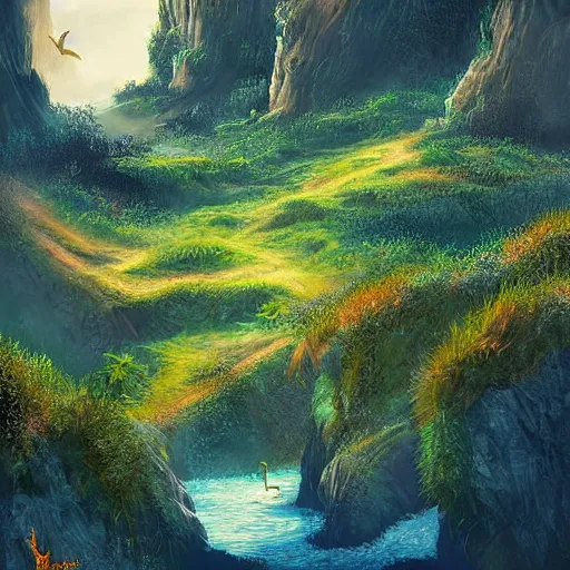 Prompt: digital art of a lush natural scene on an alien planet by dangiuz. beautiful landscape. weird vegetation. cliffs and water.