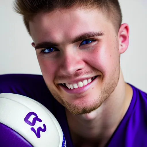 Prompt: photographic portrait of a young white male smiling with short brown hair that sticks up in the front, blue eyes, groomed eyebrows, tapered hairline, sharp jawline, wearing a purple white volleyball jersey, sigma 85mm f/1.4, 35mm, 4k, high resolution, 4k, 8k, hd, full color