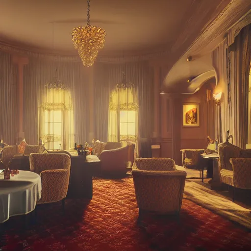 Prompt: luxury interior of a victorian hotel volumetric light morning cinematic photo,