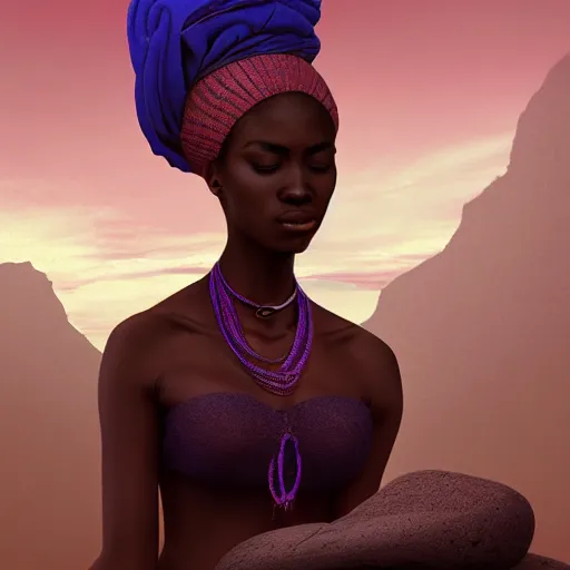 Image similar to a beautiful african woman meditating on a rock, beautiful face, pretty face, trending on artstation, digital art,