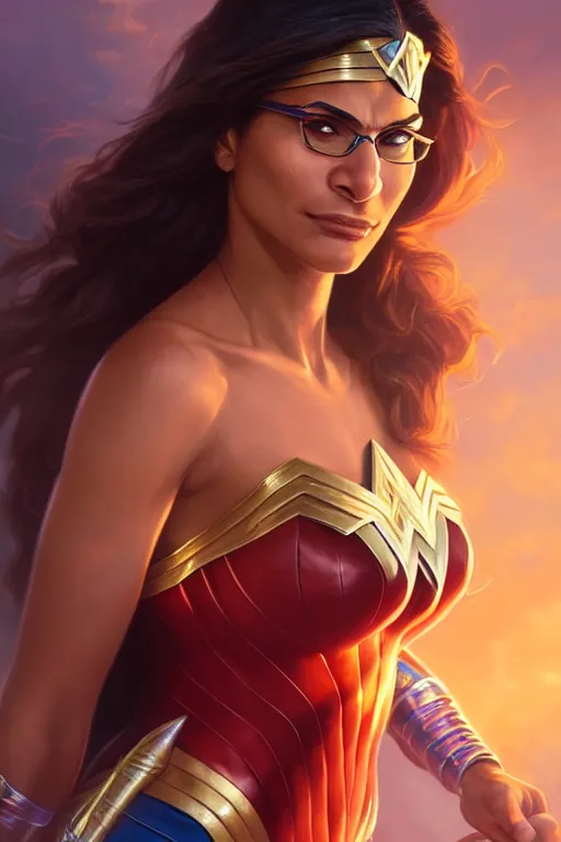 Image similar to mia khalifa as wonder women, portrait,, highly detailed, digital painting, artstation, concept art, smooth, sharp focus, illustration, cinematic lighting, art by artgerm and greg rutkowski and alphonse mucha