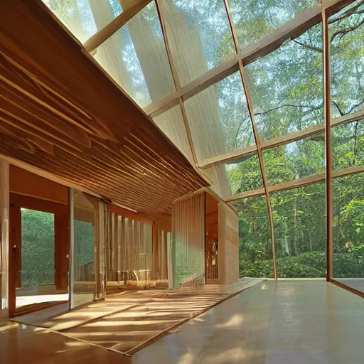 Prompt: interior photo of wood pavillion, sunbeam filtered through the ceiling, surrounded by nature, a small water mirror reflect contemporary sculptures inside the pavillion