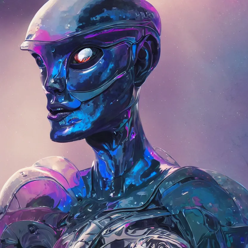 Prompt: close - up view of a dark whimsical white iridescent organic butterfly jester human. angular futuristic sci - fi features and eyes. deep blue and pink tones. dark black background. highly detailed science fiction painting by moebius, frank frazetta, and syd mead. rich colors, high contrast. lens flare, y 2 k aesthetic on artstation
