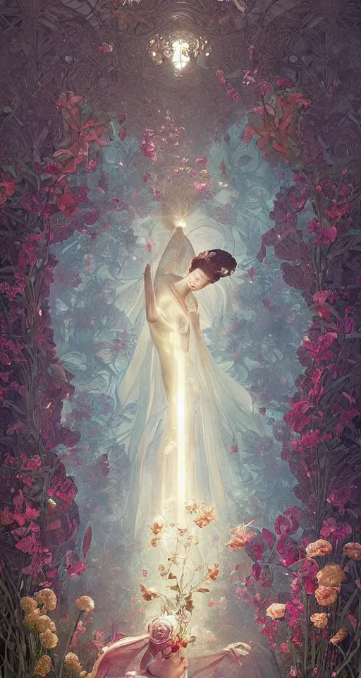 Prompt: a princess in the flower room, the light beam shines through the window, elegant, smooth, sharp focus, award - winning, masterpiece, style of tom bagshaw, cedric peyravernay, peter mohrbacher, louis comfort tiffany, victo ngai, james jean, pinterest, 4 k hd hyperdetailed illustrative wallpaper, chinese style