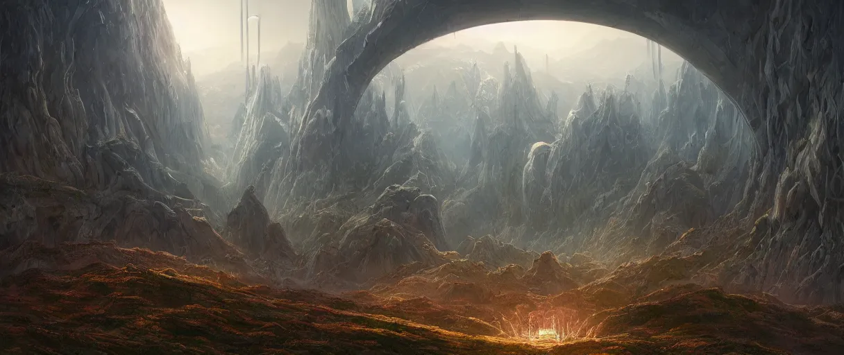 Image similar to amazing concept painting, by Jessica Rossier and HR giger and Beksinski, A gleaming white opera hall fortress overlooks a fertile valley, brutalist deak ferrand Jean-pierre Ugarte bases, Rivendell Himeji, hallucination, garden of eden