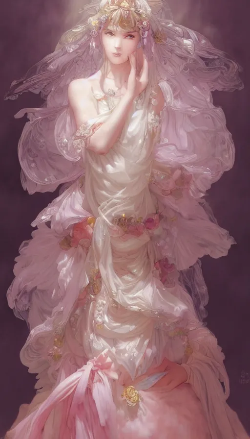 Prompt: portrait of madoka magica, dreamy and ethereal, expressive pose, big pink eyes, peaceful expression, ornate frilly dress, fantasy, intricate, elegant, many rainbow bubbles, rose tones, highly detailed, digital painting, artstation, concept art, smooth, sharp focus, illustration, art by artgerm and greg rutkowski and alphonse mucha
