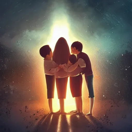 Image similar to “A family hugging each other for the last time as the world is ending, meteors are falling from the sky, everything is on fire, dramatic lighting, digital art, very very very very very very beautiful, 8K, dark lighting, trending on Artstation, award winning”