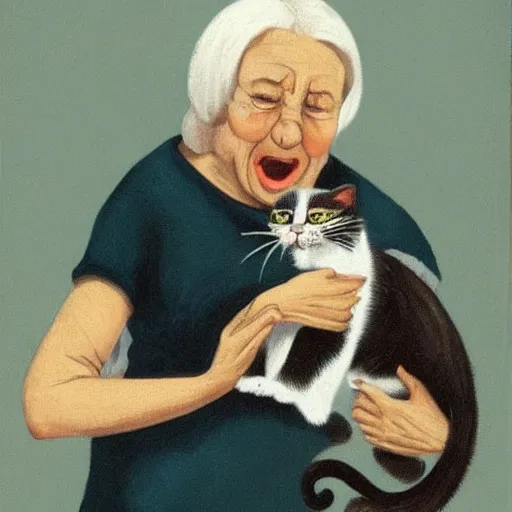 Image similar to an old woman swallowing a cat