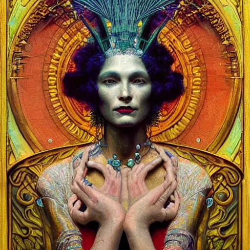 Image similar to baroque portrait of an art deco machine shaman, reflective detailed textures, highly detailed fantasy science fiction painting by annie swynnerton and jean delville and moebius, norman rockwell and maxfield parrish. modern industrial shaman, rich colors, high contrast. artstation