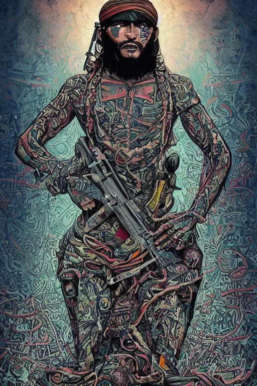 Image similar to taliban anarchy. symmetrical anatomy, very detailed design, complexity of the picture, with pop punk style, colorful, accompanied by body, pure image without duplication, dribble popular, trending on arstation, drawn by ilya kuvshinov and vinicius gud and gustavo zambelli, intricate, ultra high definition, super scale rendered