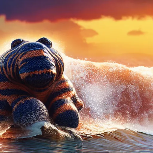 Image similar to a closeup photorealistic photograph of a cute smiling knitted tiger hippopotamus riding a large wave at sunset. surf in background. professional capture. brightly lit scene. this 4 k hd image is trending on artstation, featured on behance, well - rendered, extra crisp, features intricate detail, epic composition and the style of unreal engine.