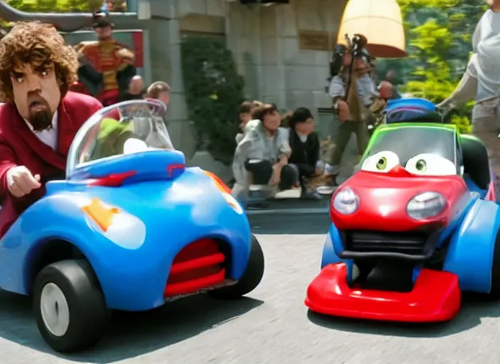 Image similar to peter dinklage racing gary coleman driving a little tikes cars in japan, movie still, from the new fast and furious movie, 8 k, realistic