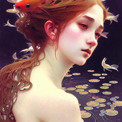 Image similar to Portrait of a girl surrounded by Koi fish, face, fantasy, intricate, elegant, highly detailed, digital painting, artstation, concept art, smooth, sharp focus, illustration, art by Krenz Cushart and Artem Demura and alphonse mucha