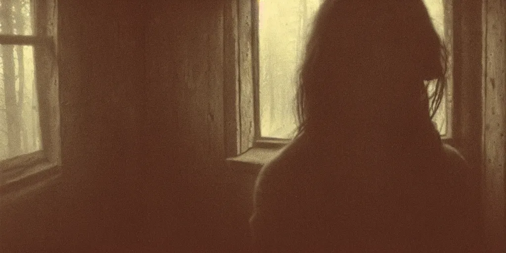 Image similar to portrait bust of young woman, solemn expression, faded color film, russian cinema, tarkovsky, kodachrome, old cabin, next to window, heavy forest outside, long brown hair, old clothing, heavy fog, hudson river school, 4 k, dramatic lighting, greg rutkowski