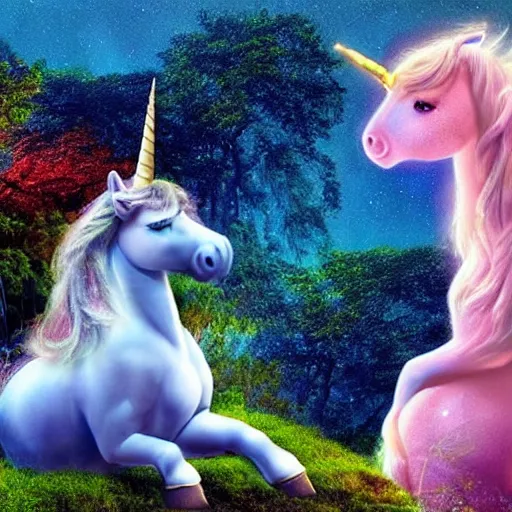 Image similar to dream : a fabulous landscape, a magical unicorn. a boy is sitting astride him. a cat is lying