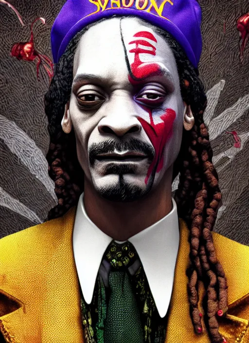 Image similar to snoop dogg is the joker, hyper detailed, digital art, trending in artstation, cinematic lighting, studio quality, smooth render, unreal engine 5 rendered, octane rendered, art style by klimt and nixeu and ian sprigger and wlop and krenz cushart.