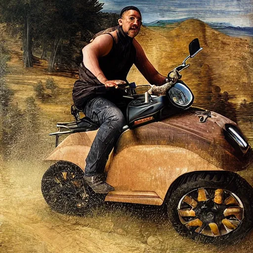 Image similar to guy on all terrain vehicle, renaissance painting by jerome bosch