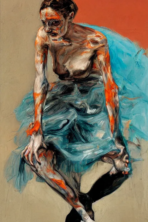 Image similar to high quality high detail painting of a ballerina in agony by lucian freud and jenny saville and francis bacon, hd, dark demonic dancer, turquoise and orange