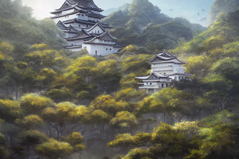 Prompt: Brutalist Shiro, Himeji Castle, gleaming white fortress, amazing cinematic concept painting, by Jessica Rossier, in the valley of garden of eden wildflowers and grasses, terraced orchards and ponds, lush fertile fecund, fruit trees, birds in flight, animals wildlife