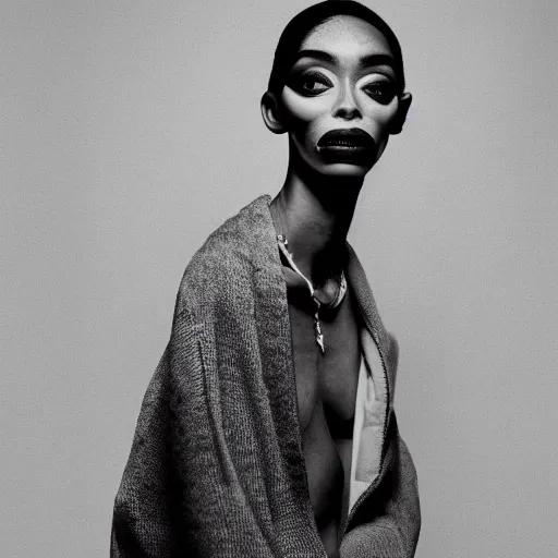 Prompt: realistic photoshooting for a new balenciaga lookbook, vhs colour photography, portrait of model Winnie Harlow woman, in style of Tyler Mitchell, 35mm,