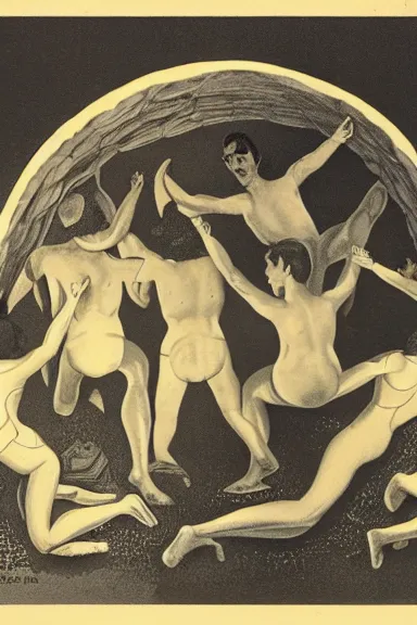 Image similar to A vintage scientific illustration from the 1970s of humans forming caves with their bodies