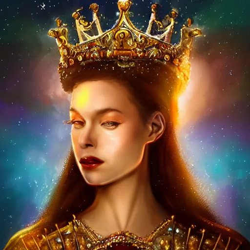 Prompt: a realistic digital painting of a queen looking over the milky way, wearing an ornate crown, dramatic lighting, serious expression, 4K, HD, detailed, epic, artstation, beautiful, amazing, eyes, facial features,