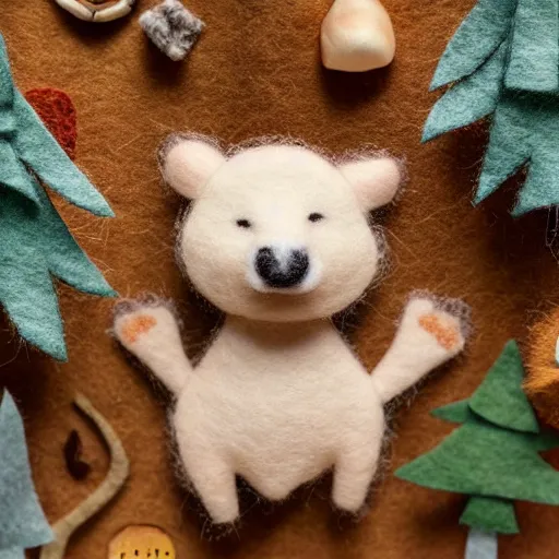 Image similar to high - res photograph of a felt sculpture diorama with cute fluffy forest critters, highly detailed sculpey diorama, forest setting, waterfall backdrop, realistic materials, wood, felt, cloth, burlap, smooth, sharp foccus, commercial product photography,