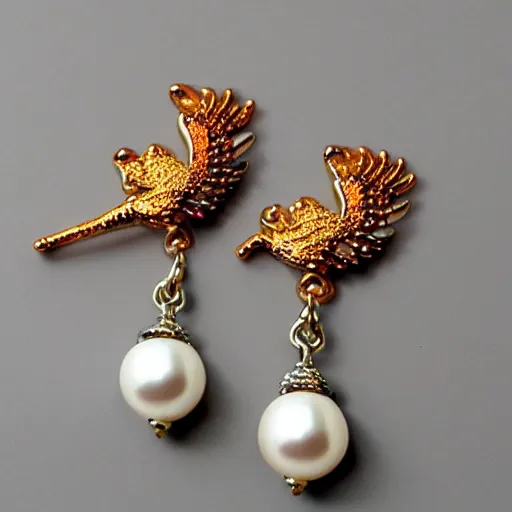 Image similar to jewelry design, pearl earrings with phoenix decoration, model show