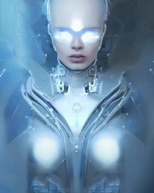 Image similar to detailed portrait of a cyborg, necromancer, benevolent, scifi, futuristic, elegant cape, year 2 1 0 0, elegant, alien room background, white, blue, gold, trending on artstation, soft light, holy machine, advanced technology, art by vitaly bulgarov and nivanh chanthara