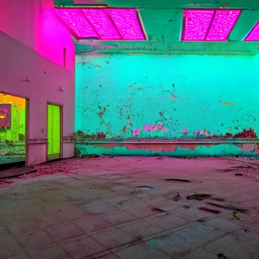 Prompt: high contrast photo of abandoned mall with bright pink and turquoise neon lights, wide angle lens