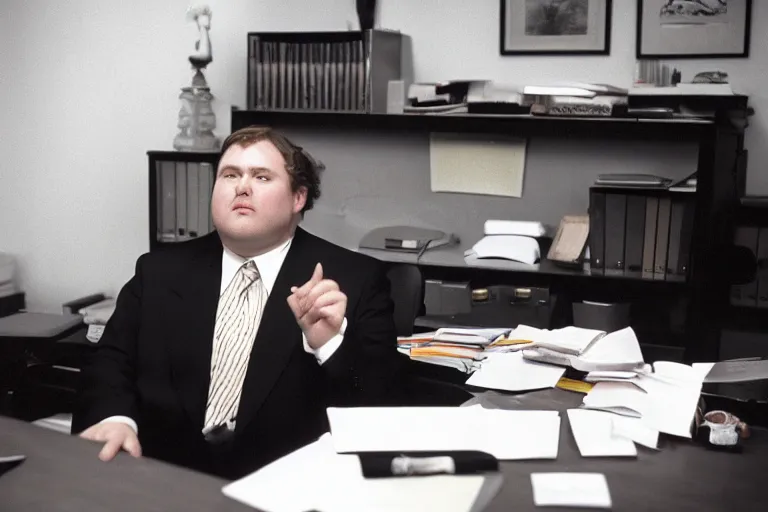 Prompt: cinematic film still from 1994 film: portly clean-shaven white man wearing suit and necktie at his desk. He has his right foot propped up on his desk. XF IQ4, f/1.4, ISO 200, 1/160s, 8K, RAW, dramatic lighting, symmetrical balance, in-frame