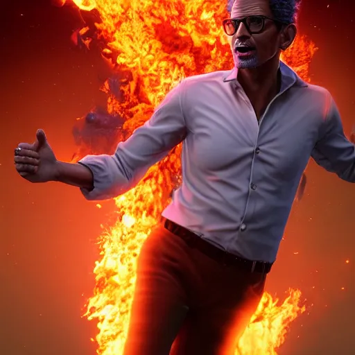 Prompt: hyperrealistic image of jeff goldblum on fire, by thomas eakes & xiang duan, perfect symmetry, dim volumetric lighting, photorealistic, 8 k octane beautifully detailed render, post - processing, extremely hyper - detailed, intricate, epic composition, cinematic lighting, masterpiece, trending on artstation, incredibly detailed, stunning,