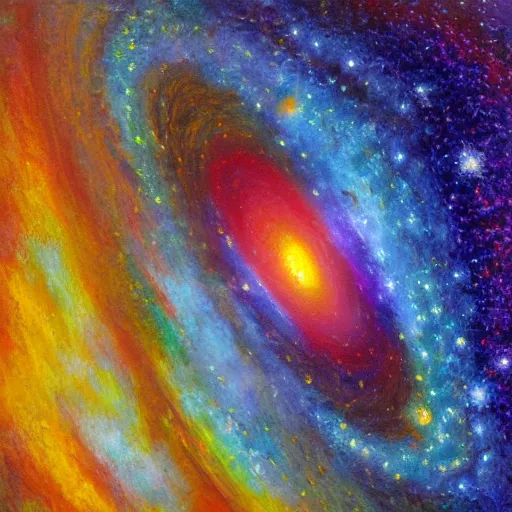 Prompt: black hole swallowing up a whole galaxy, duochromatic, complementary colors, impressionist oil painting