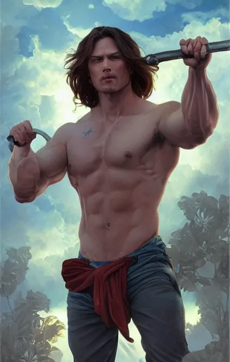 Image similar to photorealistic, canon eos 5 d mark iv, pretty muscular sam winchester as a character in romance book art design, character concept, sharp focus!, ultra detailed, art by artgerm alphonse mucha, wlop