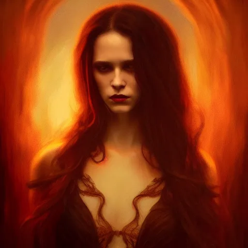 Image similar to majestic gracious regal aristocratic brunette female vampire portrait, atmospheric lighting, painted, menacing, intricate, volumetric lighting, beautiful, rich deep colours masterpiece, golden hour, sharp focus, ultra detailed, by leesha hannigan, ross tran, thierry doizon, kai carpenter, ignacio fernandez rios