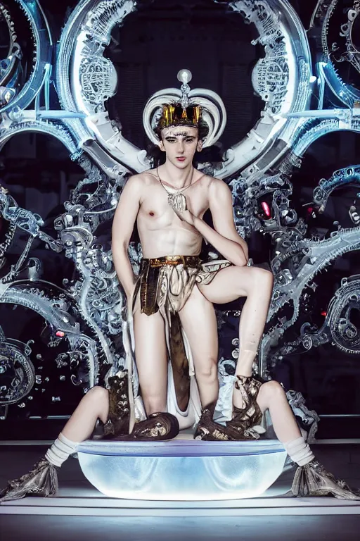 Image similar to full-body rococo and cyberpunk style neon statue of a muscular attractive Timothée Chalamet macho dotado e rico android sim roupa reclining con las piernas abertas e la piroca dura, glowing white lasers, glowing eyes, silver prince crown, silver steampunk gears, white diamonds, swirling mint-colored silk fabric. futuristic elements. ethereal white dripping tar. full-length view. space robots. human skulls. large white balloon animals. intricate artwork by caravaggio. Trending on artstation, octane render, cinematic lighting from the right, hyper realism, octane render, 8k, depth of field, 3D