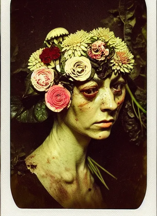 Prompt: beautiful and detailed rotten woman made of plants and many types of stylized flowers like carnation, chrysanthemum, roses and tulips, intricate, john constable, guy denning, gustave courbet, caravaggio, romero ressendi 1 9 1 0 polaroid photo