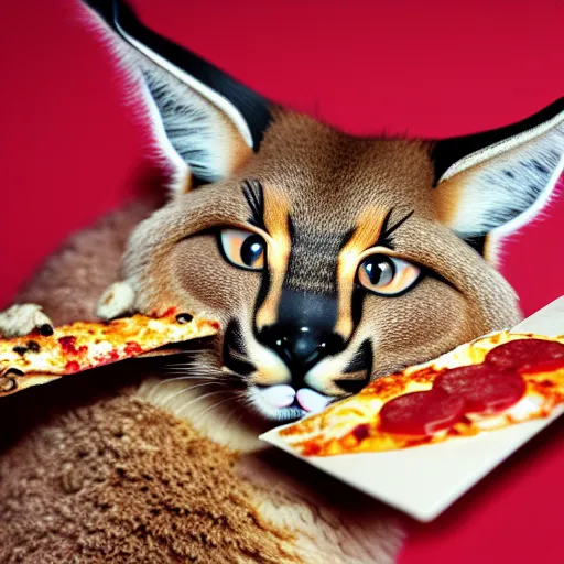 Image similar to a macro photo of cute fluffy caracal toy and a slice of pizza, cheese and pepperoni, hyper realistic, hyper detailed, 35mm, very grainy film, volumetric studio lighting, bokeh, black background award winning shot, vogue magazine, cinematic, 8k, very closeup, elegant, tender, pastel