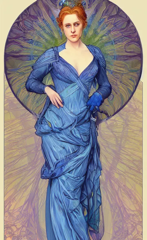 Image similar to delores ( evan rachel wood ) from westworld in blue dress as a goddess in alfons mucha style, highly detailed, pastel colors, smooth lines ， artgerm, artstation