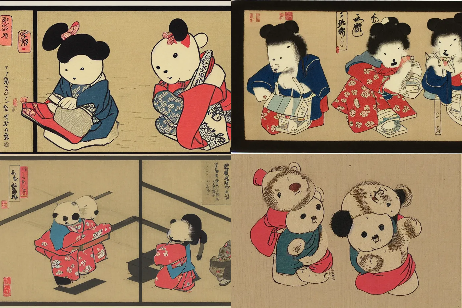 Prompt: two cute adorable teddy bears shopping for shoes, ukiyo-e on woodblock