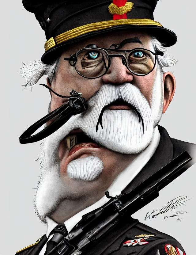 Prompt: a photographic portrait of colonel sanders wearing a military uniform and a black eyepatch over his left eye, by moebius and tyler edlin and hr giger, trending on artstation, digital art, 4 k resolution, detailed, high quality, sharp focus, hq artwork, coherent, insane detail, concept art