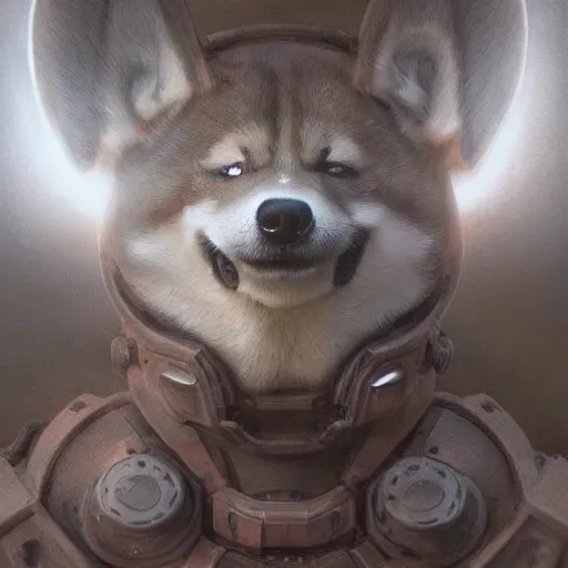 Image similar to power armor, anthropomorphic shiba inu, shiba inu face, stuning 3 d render, masterpiece, glowing black aura, foggy dark graveyard, by donato giancola and greg rutkowski and wayne barlow and zdzisław beksinski, realistic face