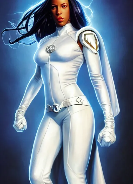 Image similar to full body portrait of marvel cinematic universe aaliyah haughton, x - men, emma frost, elegant, diamonds!! super hero, white outfit, diamond skin, highly detailed!! digital painting, artstation, glamor pose, concept art, sharp focus, illustration, art by artgerm and greg rutkowski, artey freytag