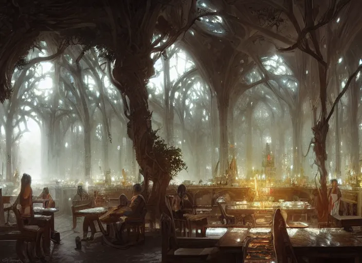 Image similar to Inside a tavern in a beautiful elven city made of white marble, anime, lush trees, a fantasy digital painting by Greg Rutkowski and James Gurney, trending on Artstation, highly detailed