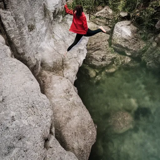 Image similar to woman stepping off a cliff onto a stepping stone in mid-air, photorealistic, 4k by Elsa Bleda